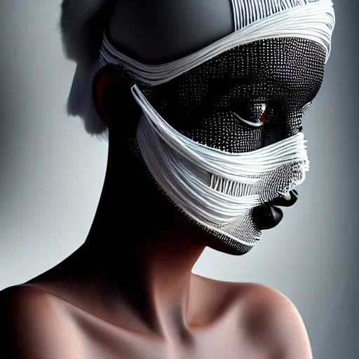 Image similar to ultra detailed woman wearing a white mask with black wires on her head, featured on behance, net art, made of wire, 5 0 mm lens, elegant, hyper realistic, ultra detailed, octane render, volumetric lighting, 8 k post - production