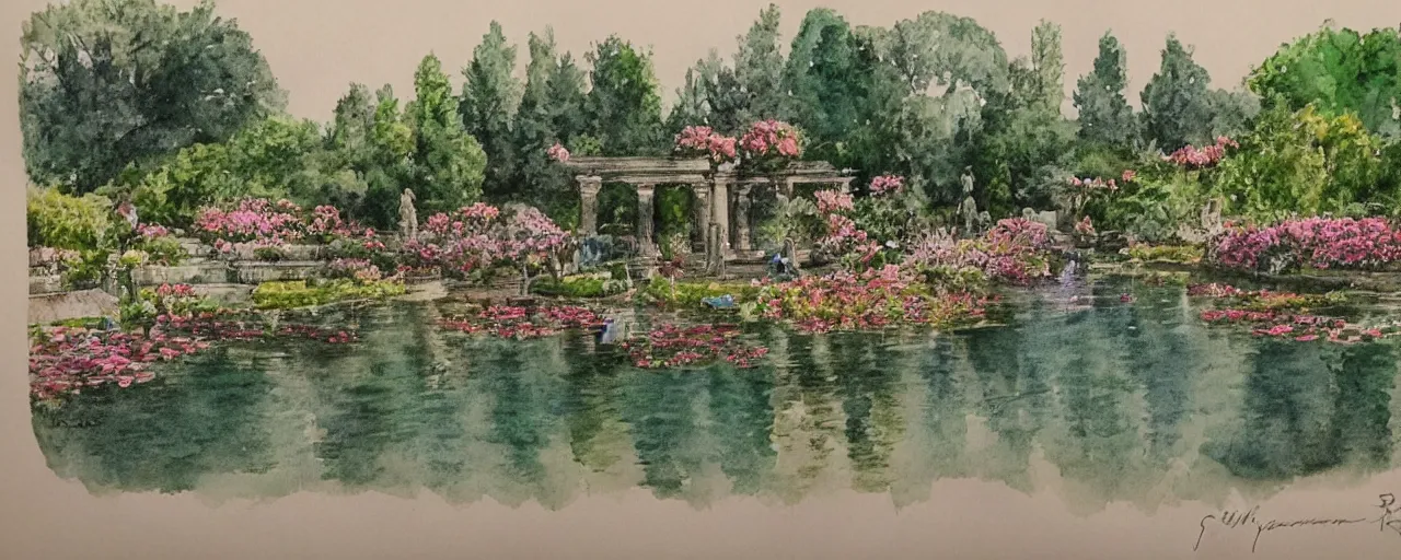 Image similar to isomeric view, delicate lake in a botanic garden, garden road, sparrows, temple in a botanical herbarium paper, watercolor colored painting, iridescent colors, 8 k, realistic shaded, fine details, artstation, italian style, colonnade, flowers, architecture, roma