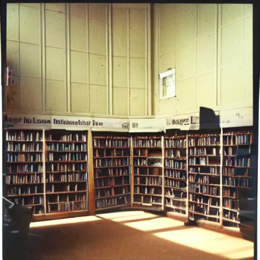 Prompt: interior of a forgotten school library from the 90s, Polaroid photo