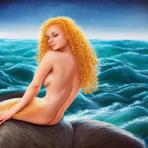 Image similar to masterpiece portrait of a beautiful mermaid with curly blonde hair reclining on a rock on the edge of the sea in the moonlight, 8k