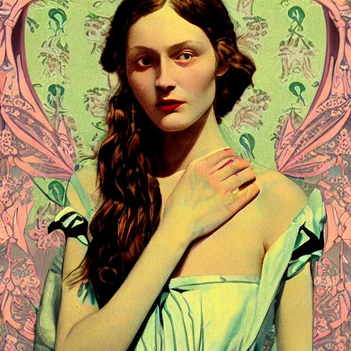 Prompt: a lot of bones patterns morphing in a beautiful girls face, art nouveau wallpaper, film still by wes anderson, depicted by balthus, limited color palette, very intricate, art nouveau, highly detailed, lights by hopper, soft pastel colors, minimalist