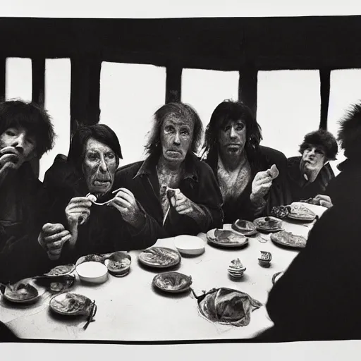 Image similar to Award Winning Editorial Masterpiece picture of a Tramps in a new York Soup Kitchen by David Bailey CBE, The Last Supper