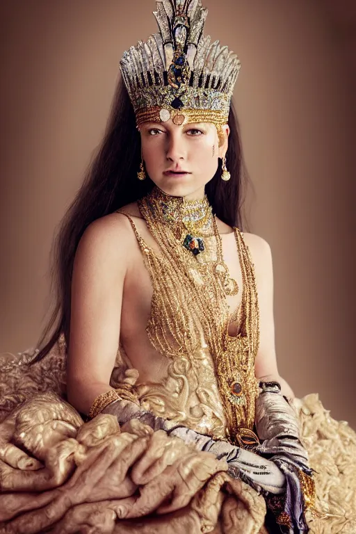 Image similar to beautiful very detailed portrait of a young princess with lots of jewelry and an Ultra Lux jade mask, full body, in the background there is a minimalistic throne, digital art , photos by Annie Leibovitz, moody, models by 500px, dramatic cinematic lighting rendered by octane, 8k, detailed, intricate, clean and textures, trending on artstation, deviantart google images, pinterest