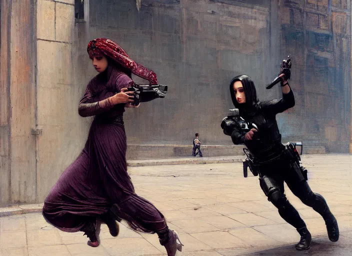 Image similar to sophia evades sgt Nash. Cyberpunk free runner escaping menacing police troopers (blade runner 2049). Gorgeous face. Iranian orientalist portrait by john william waterhouse and Edwin Longsden Long and Theodore Ralli and Nasreddine Dinet, oil on canvas. Cinematic, hyper realism, realistic proportions, dramatic lighting, high detail 4k