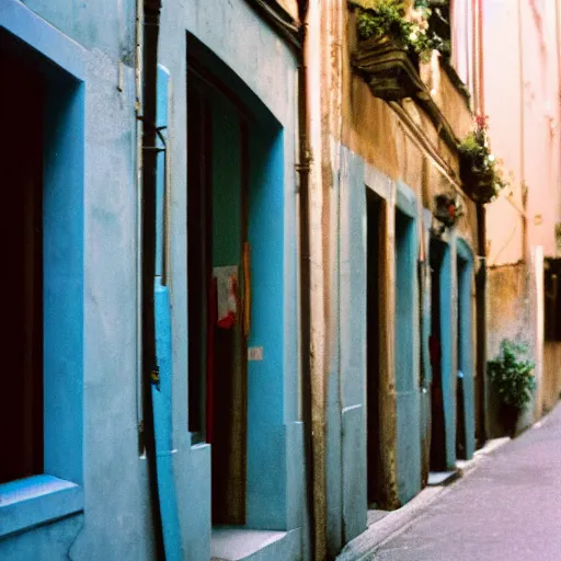 Image similar to kodak portra 8 0 0, flickr photograph view of a calm hallway street street with blue roses!! blue flowers! in downtown neo - venezia in a dreamy afternoon, a corner shop can be seen selling flowers! flower shop!!!