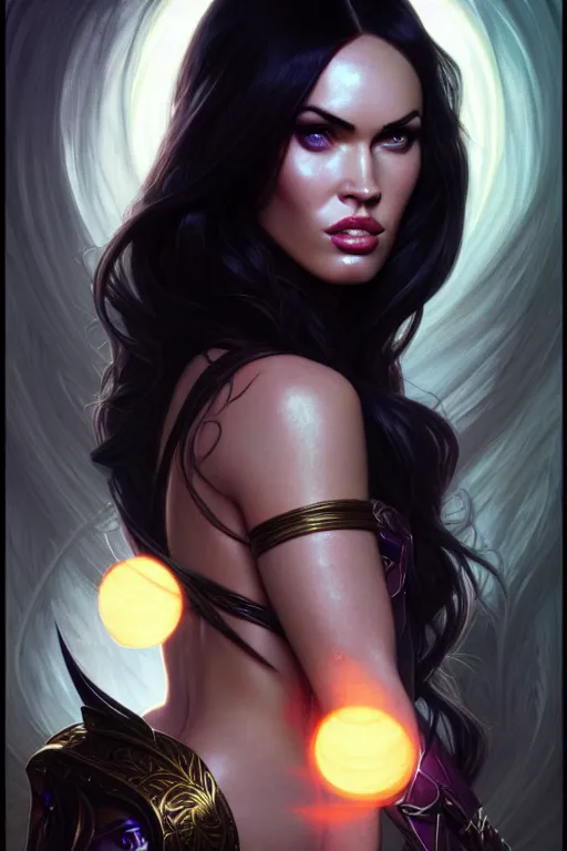 Image similar to portrait of megan fox as liliana vess, magic the gathering, intricate, headshot, highly detailed, digital painting, artstation, concept art, sharp focus, cinematic lighting, illustration, art by artgerm and greg rutkowski, alphonse mucha, cgsociety