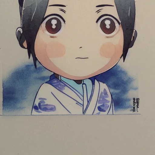 Image similar to beautiful water color concept art of face detailing cute nendoroid boy in the style of hokusai , toon rendering, close-up, no shade, modern art, kyoto animation