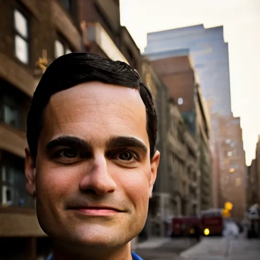 Prompt: closeup portrait of a Ben Shapiro , new york back street , by Steve McCurry and David Lazar, natural light, detailed face, CANON Eos C300, ƒ1.8, 35mm, 8K, medium-format print