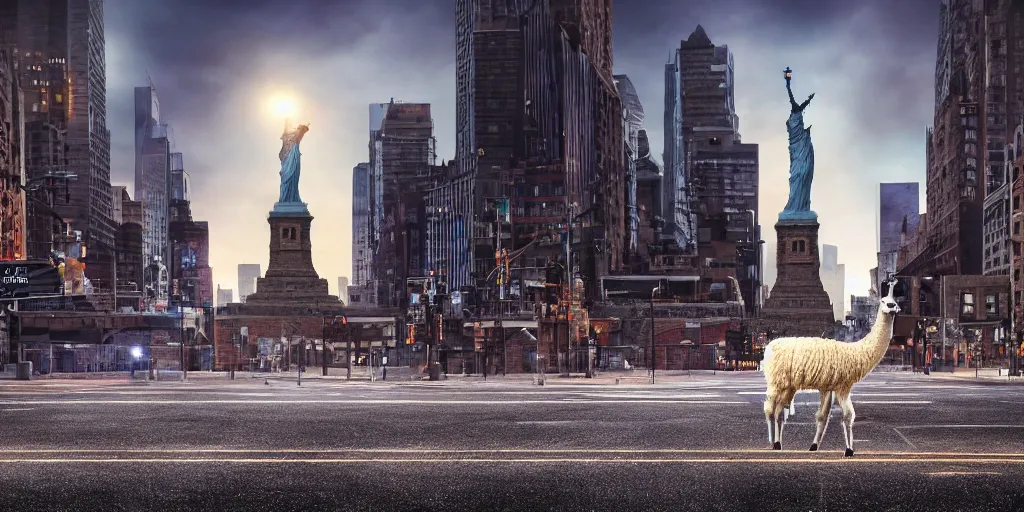 Image similar to a llama walking through a desolate manhattan city street at night, statue of liberty seen in the background, realistic 4 k octane beautifully detailed render, 4 k post - processing, highly detailed, detailed face, intricate complexity, epic composition, magical atmosphere, cinematic lighting, masterpiece, color picture, ultra hd