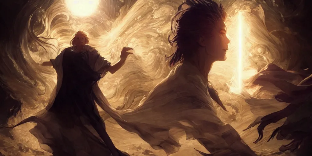 Image similar to highly detailed portrait of the sandman is summoned from the magic array ， magic effect, in the dream world ， by greg rutkowski and fujimoto tatsuki, dramatic lighting, dynamic pose, dynamic perspective