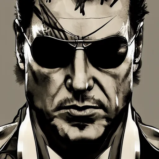 Image similar to cinematic portrait of silvio berlusconi, metal gear solid style, artwork by yoji shinkawa, illustration, black and white, concept art, intricate details, trending on artstation