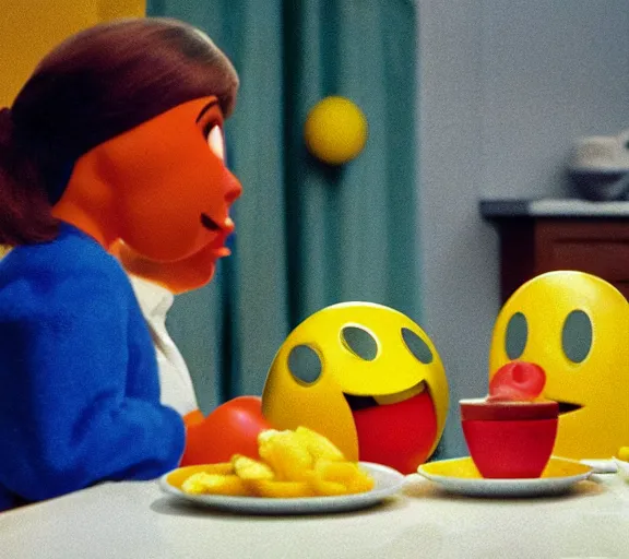 Prompt: color photo still of pac - man and ms pac - man, realistic at the breakfast table