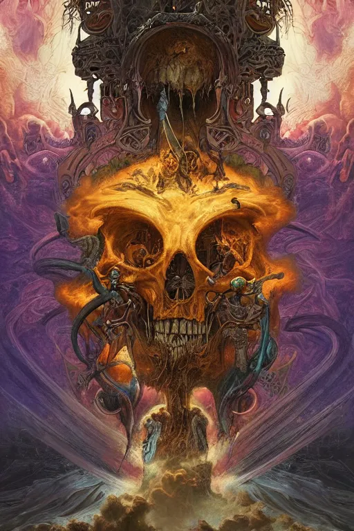 Image similar to gigantic skull psychedelic demonic cosmic of death and hell fire, fantasy painting, ultra realistic, wide angle, art nouveau, intricate details, rainbowshift, vivid colors, highly detailed by peter mohrbacher, h. r. giger, maxfield parrish, gustave dore, craig mullins, octane render, cgi