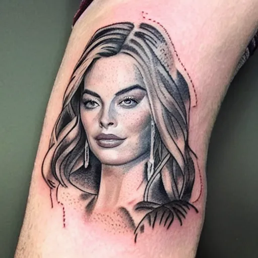Prompt: face morph tattoo design sketch of margot robbie blended in beautiful mountain scenery, in the style of arlo dicristina, amazing detail