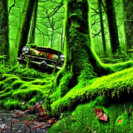 Image similar to an old forgotten junk yard in the forest, with moss and ivy, detailed, realistic digital art,