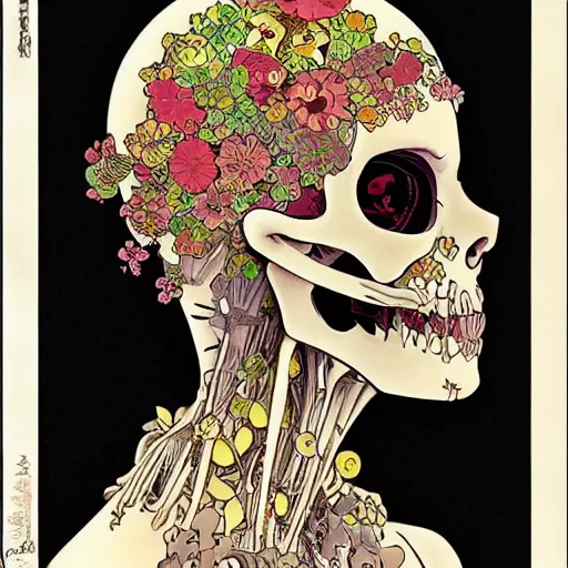 Image similar to manga skull portrait girl female skeleton realism hyperrealistic art Geof Darrow and will cotton alphonse mucha pop art nouveau