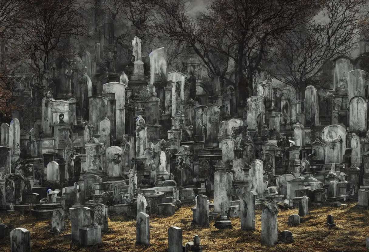 Prompt: decaying faces among the tombstones in demonic cemetery, colorfully ominous background, minimalism, hyper realism, matte painting, realistic, dramatic lighting, octane render, highly detailed, cinematic lighting, cinematic, volumetric, by rutkowsky and gerald brom and frazetta and rembrandt