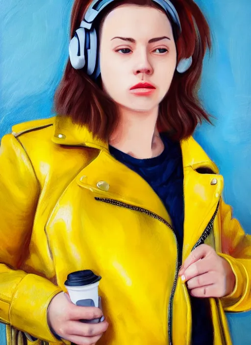 Image similar to young adult woman in a coffee shop wearing bright yellow headphones and a leather jacket looking unamused, natural light, oil painting