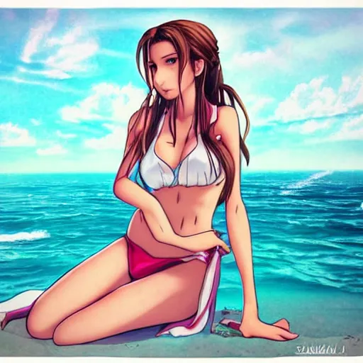 Prompt: beautiful aerith from final fantasy in a bikini on the beach making eye contact drawn by sakimichan