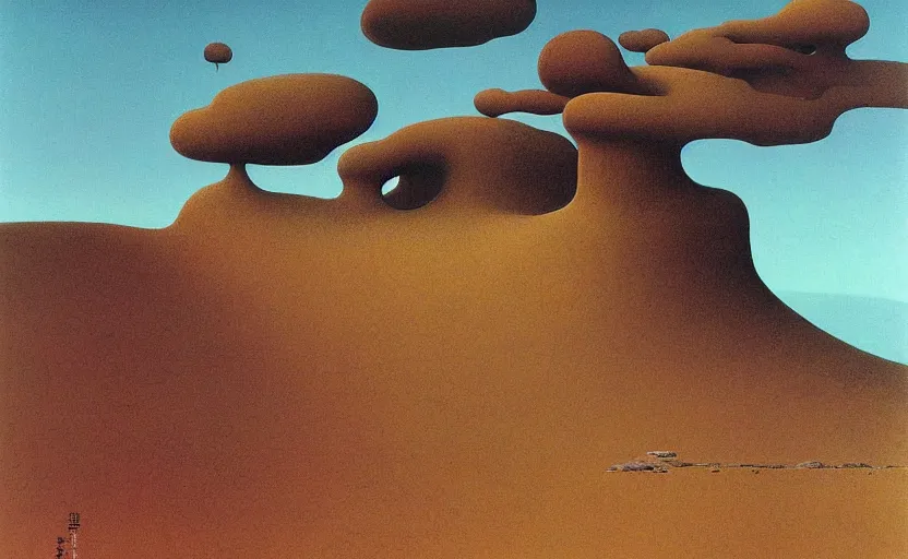 Prompt: Artwork of a surrealist and luscious landscape by zdzisław beksiński, studio ghibli,