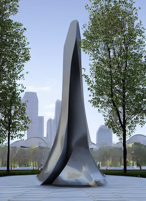 Image similar to highly detailed architecture 3 d render of a huge high futuristic metallic stele sculpture in zaha hadid style standing in city park, archdaily, made in unreal engine 4