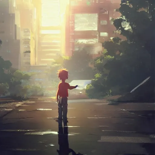 Prompt: a little boy holding hands with an enormous robot. detailed. by makoto shinkai. krzysztof maziarz. greg rutkowski