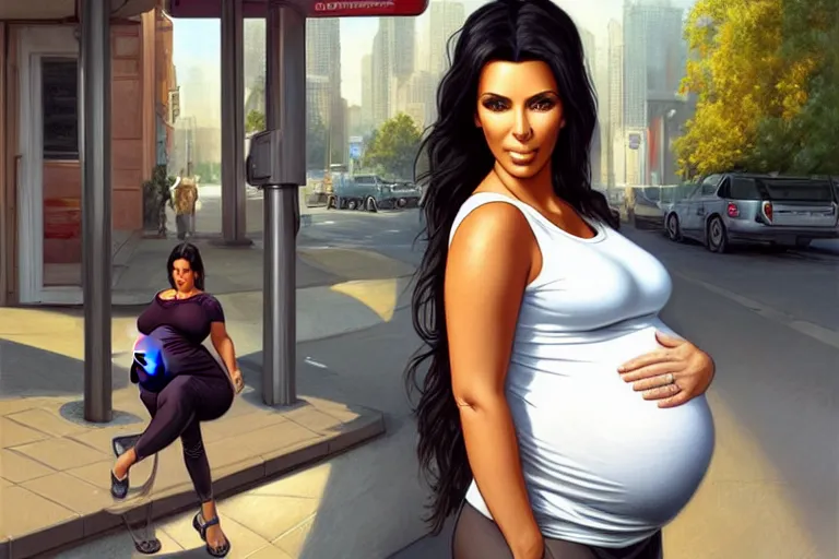 Image similar to pregnant kim kardashian in a white tank top leaning sat at a bus stop, realistic portrait, symmetrical, highly detailed, digital painting, artstation, concept art, smooth, sharp focus, illustration, cinematic lighting, art by artgerm and greg rutkowski and alphonse mucha