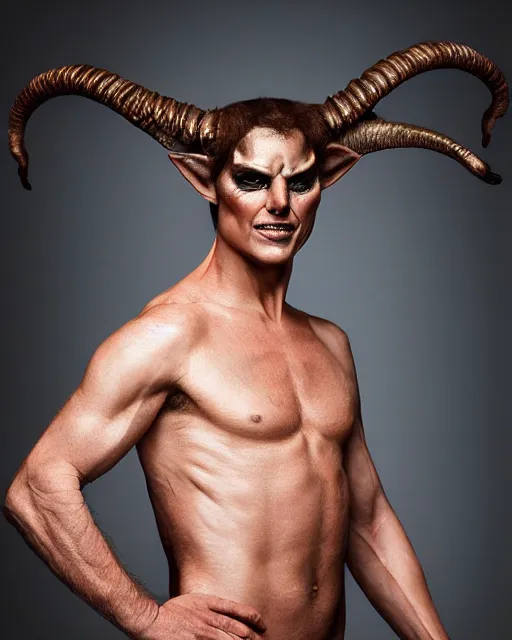 Prompt: actor Tom Cruise in Elaborate Pan Satyr Goat Man Makeup and prosthetics designed by Rick Baker, Hyperreal, Head Shots Photographed in the Style of Annie Leibovitz, Studio Lighting