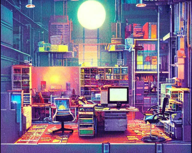 Prompt: IKEA catalogue photo of a cyberpunk office, by Paul Lehr