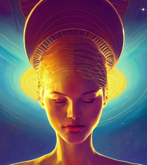 Image similar to a golden woman 2/3 figurative portrait, in space, head breaking apart and spiraling geometry into the sky upwards into another dimension, lazer light beaming down to top of her head, by james jean, artgerm, featured in artstation, elegant, Moebius, Greg rutkowski, anime