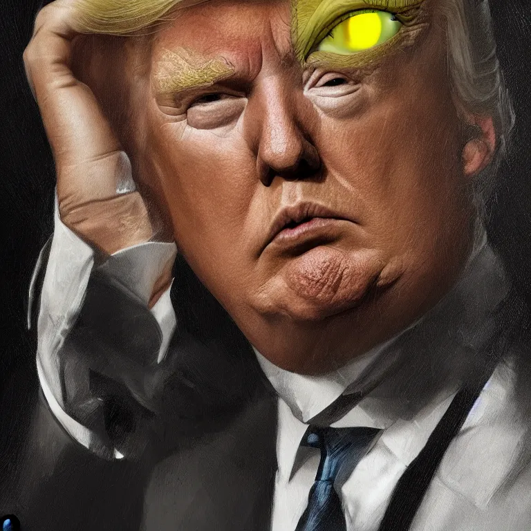 Prompt: a portrait of Donald Trump, his eyes glow yellow, in style of Tom Bagshaw, attractive, highly detailed portrait, scifi, digital painting, artstation, concept art, smooth, sharp foccus ilustration, Artstation HQ