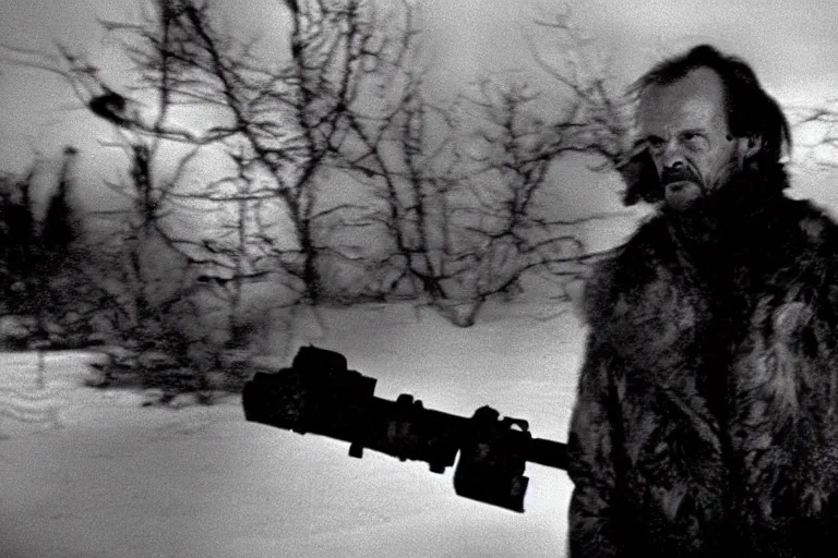 Image similar to Donald Tusk in a still from the movie The Thing (1982) directed by John Carpenter, cold outdoors