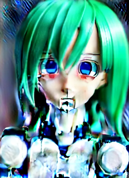 Image similar to Close-up portrait of an anime style android, robot made of anime figurine, sea-green hair and blue eyes, polycarbonate plastics, fiber-optics, fine joints, cute, wholesome, award-winning robotics