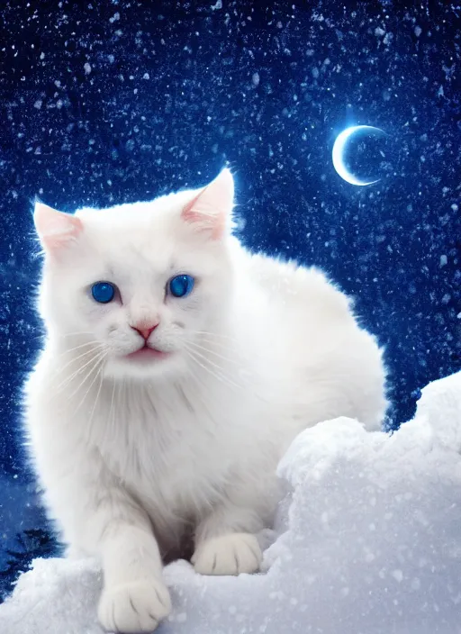 Image similar to giant little baby white cat on a snowy mountain with lightning coming out of its paws, blue sky background with moon