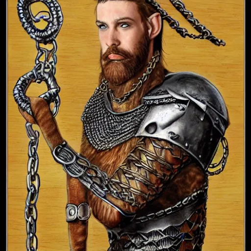Image similar to an epic portrait of a lanky half elf with a chinstrap beard, clad in a chain mail of wood, drawn by john avon