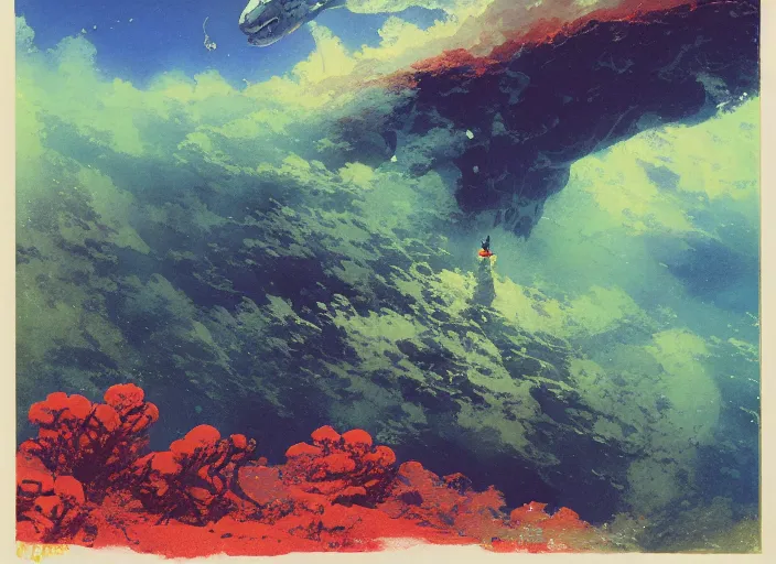 Prompt: vintage anime cinematic robotic fish emerging from lush coral reef cave mountain by Ivan Aivazovsky, watercolor concept art by Syd Mead, by william herbert dunton, watercolor strokes, japanese woodblock, by Jean Giraud