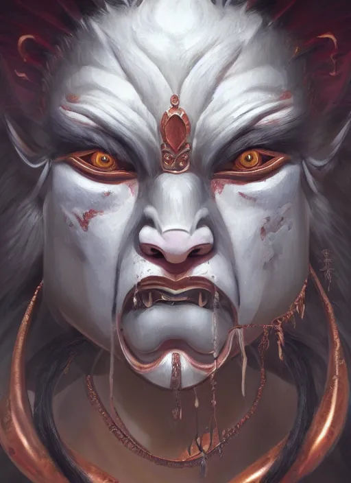 Image similar to a beautiful detailed oil on copper art illustration of a oni hannya mask shogun wolf woman, centered, by charlie bowater, zeng fanzh, trending on artstation, dim dusk lighting, cinematic lighting, detailed lighting, volumetric lighting, realistic, f 8, 4 k hd wallpaper