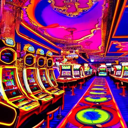 Prompt: inside a casino, fruit machines, chandeliers, lights and colors psychedelic