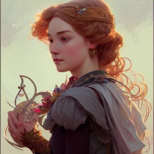 Image similar to anne shirley-cuthbert, D&D, fantasy, intricate, elegant, highly detailed, digital painting, artstation, concept art, matte, sharp focus, illustration, art by Artgerm and Greg Rutkowski and Alphonse Mucha