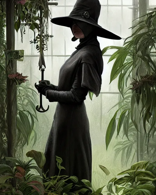 Prompt: portrait of a female plague doctor in a botanical greenhouse, heavy rain outside, wind, thunder, reflections, deep focus, d & d, fantasy, intricate, elegant, highly detailed, digital painting, artstation, concept art, matte, sharp focus, illustration, hearthstone, art by artgerm and greg rutkowski and alphonse mucha