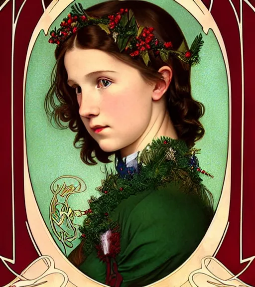 Image similar to realistic art nouveau style detailed portrait of 1 4 - year - old millie bobby brown wearing a holly wreath as a crown at christmas, lit only by candlelight at night by alphonse mucha, william adolphe bouguereau, and donato giancola art nouveau style, dark red and green colors