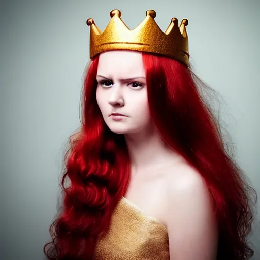 Image similar to face of a sad beautiful lady which has a golden crown on her head and silky red hair
