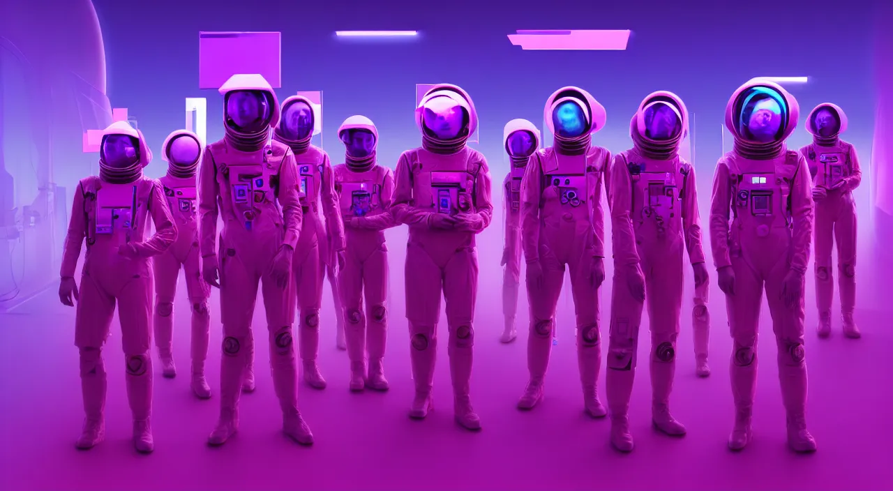 Image similar to hyper detailed bauhaus neon purple propaganda poster of mars workers from the 2050s cinematic lighting 8k wide angle shallow depth of field
