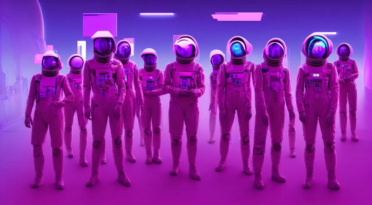 Prompt: hyper detailed bauhaus neon purple propaganda poster of mars workers from the 2050s cinematic lighting 8k wide angle shallow depth of field