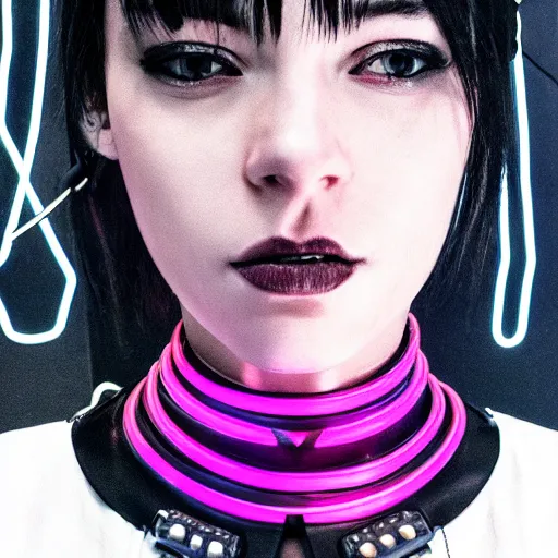 Image similar to detailed realistic cyberpunk female character cyberpunk wearing large steel collar around neck, realistic, art, beautiful, 4K, collar, choker, collar around neck, punk, artstation, detailed, female, woman, choker, cyberpunk, neon, punk, collar, choker, collar around neck, thick collar, choker around neck, wearing choker, wearing collar, bright neon punk hair,