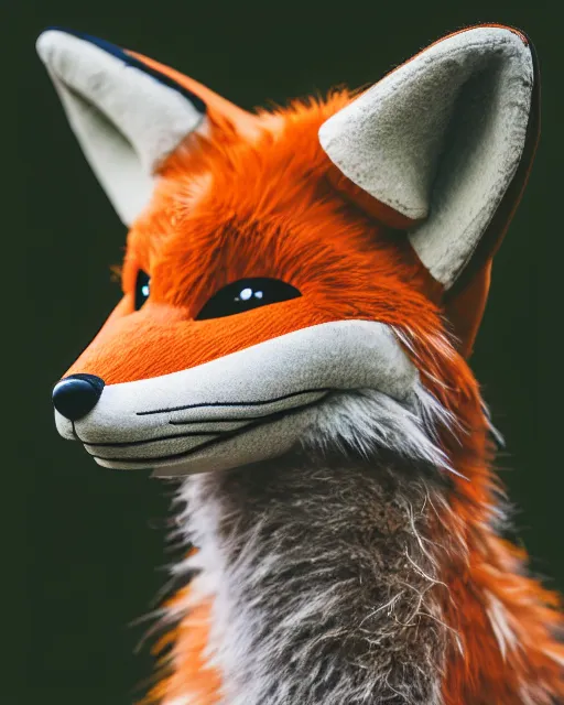 Image similar to portrait photo headshot still of a fox fursuit, 8 k, 8 5 mm f 1. 8, fursuit