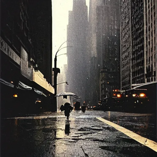 Image similar to a photo by saul leiter of a tiny dinosaur alone in a street of new york, dark and rainy, highly detailed, beautiful