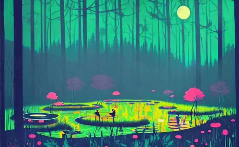 Prompt: a pond in the forest, moonlight, wild flower garden, summer city night, very coherent and colorful high contrast art by simon stalenhag james gilleard floralpunk screen printing woodblock, dark shadows, pastel color, hard lighting