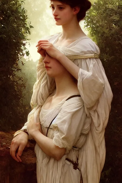 Image similar to Portrait of beautiful pale peasant girl, cinematic lighting, intricate, elegant, highly detailed, digital painting, artstation, smooth, sharp focus, illustration, art by artgerm and greg rutkowski and alphonse mucha and Wayne Barlowe and william-adolphe bouguereau