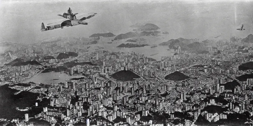 Image similar to the bombing of rio de janeiro ( 1 9 3 0 ), historical photograph, highly detailed, 4 k, real, early 2 0 th century, wide angle, bomber planes